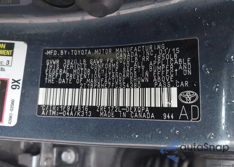 2015 Toyota Corolla Le Eco z USA, uszkodzony, nr VIN 2T1BPRHE7FC354380